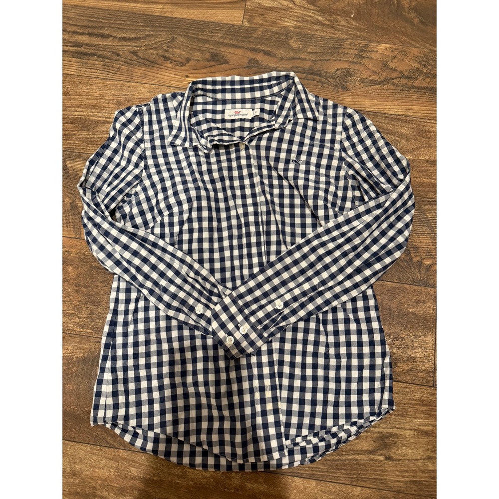 Vineyard Vines Womens Navy Blue White Gingham Long Sleeve Button Down Size 6